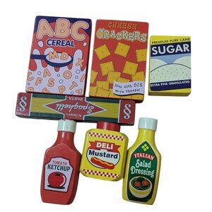 Melissa & Doug Wooden Play Food Set Mustard Ketchup cereal crackers sugar